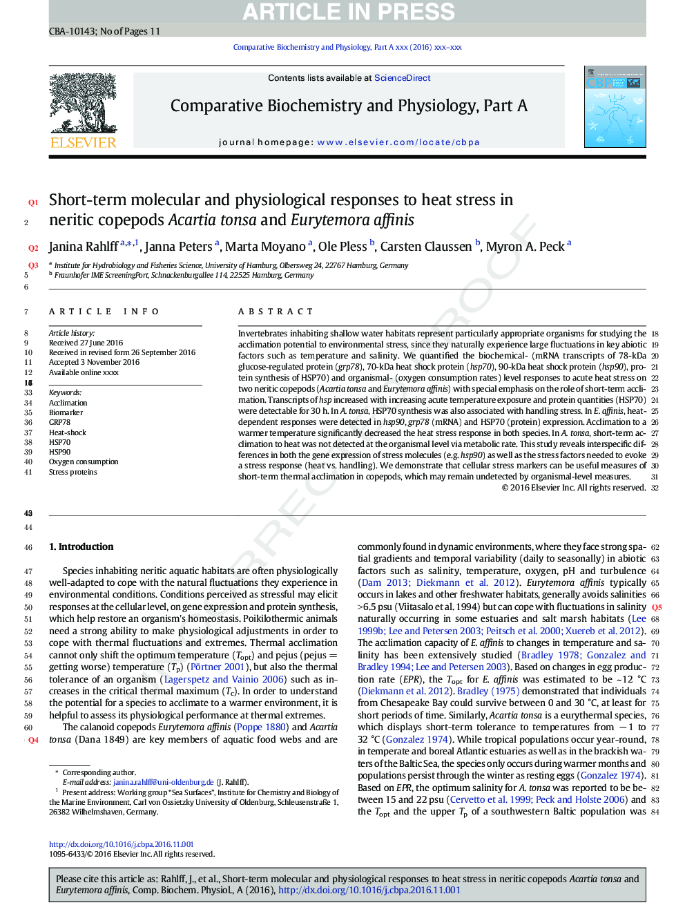 Short-term molecular and physiological responses to heat stress in neritic copepods Acartia tonsa and Eurytemora affinis