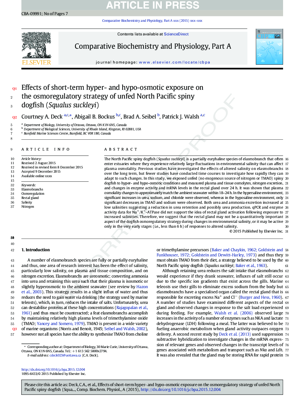 Effects of short-term hyper- and hypo-osmotic exposure on the osmoregulatory strategy of unfed North Pacific spiny dogfish (Squalus suckleyi)