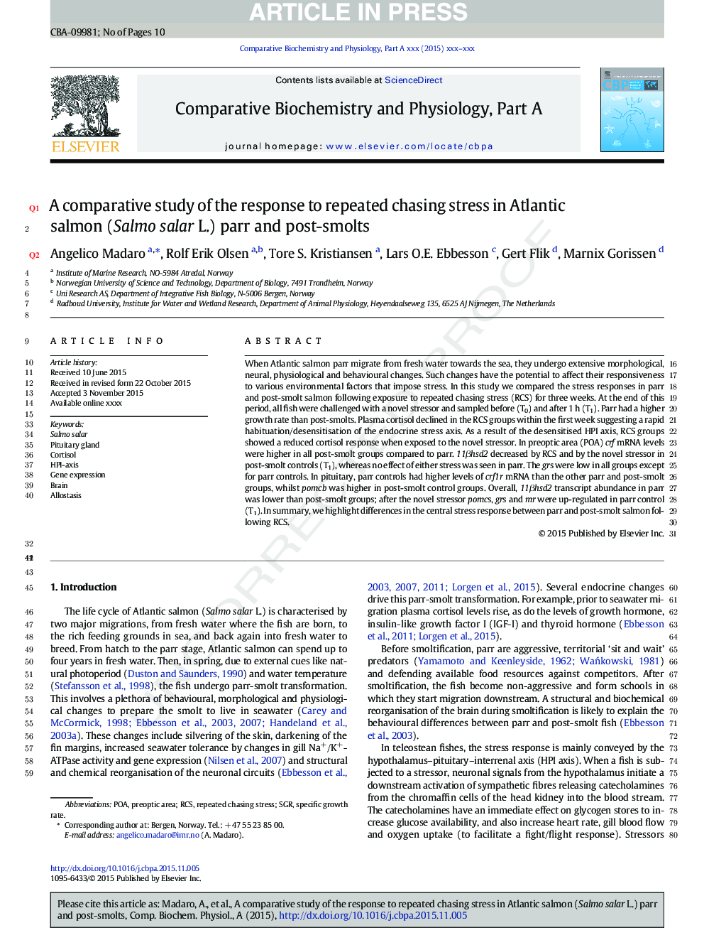 A comparative study of the response to repeated chasing stress in Atlantic salmon (Salmo salar L.) parr and post-smolts