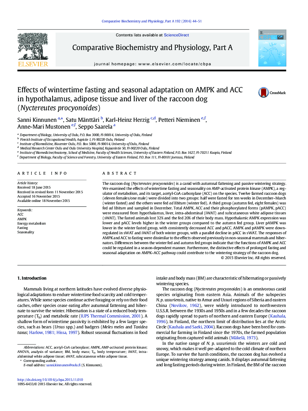 Effects of wintertime fasting and seasonal adaptation on AMPK and ACC in hypothalamus, adipose tissue and liver of the raccoon dog (Nyctereutes procyonoides)