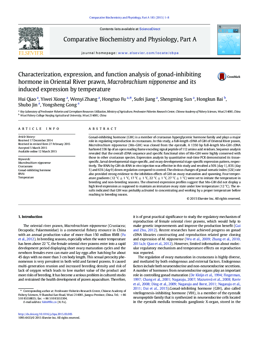 Characterization, expression, and function analysis of gonad-inhibiting hormone in Oriental River prawn, Macrobrachium nipponense and its induced expression by temperature