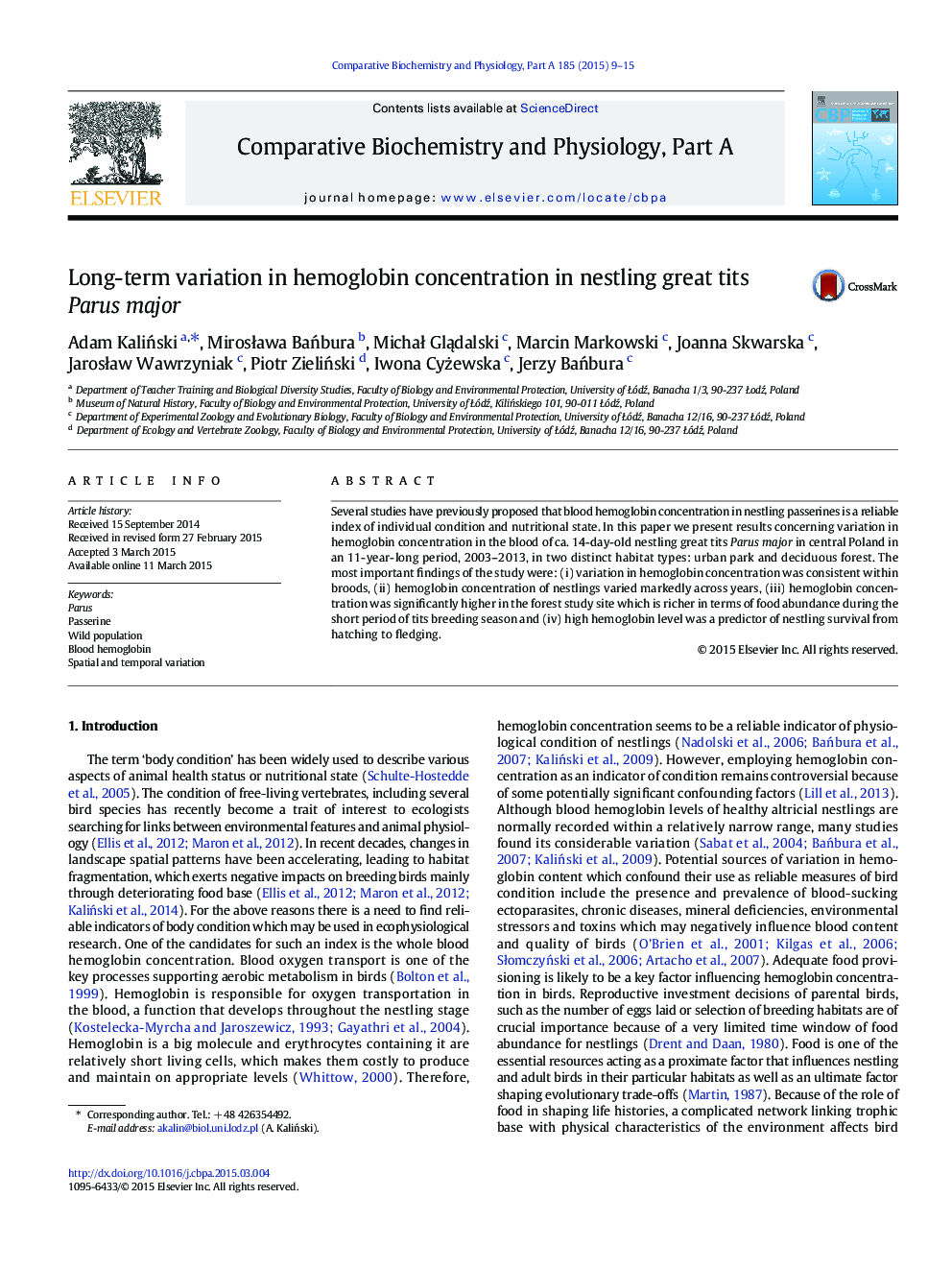 Long-term variation in hemoglobin concentration in nestling great tits Parus major