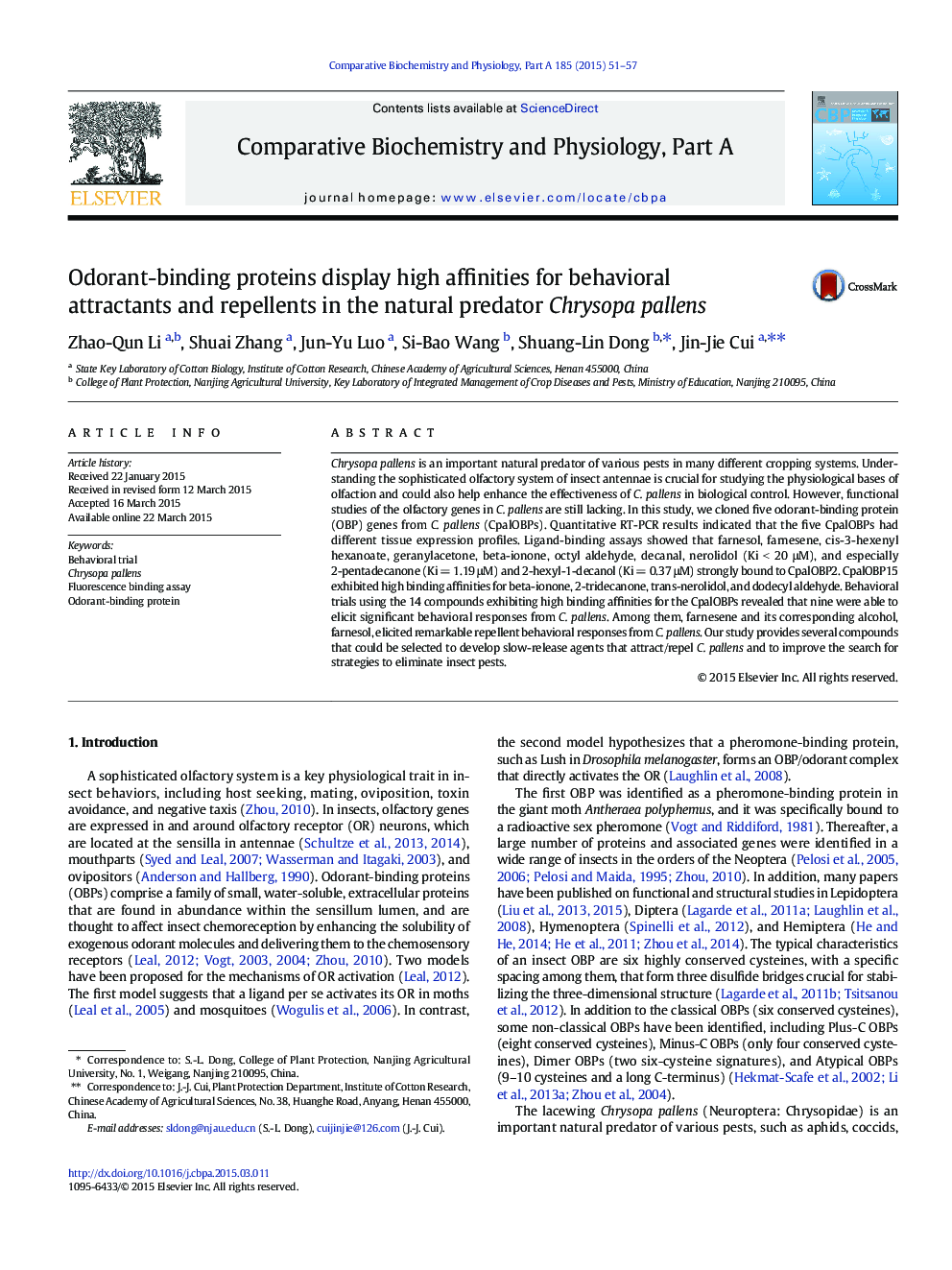 Odorant-binding proteins display high affinities for behavioral attractants and repellents in the natural predator Chrysopa pallens