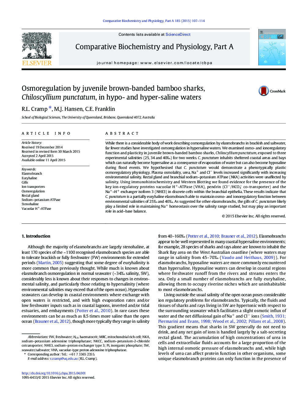 Osmoregulation by juvenile brown-banded bamboo sharks, Chiloscyllium punctatum, in hypo- and hyper-saline waters