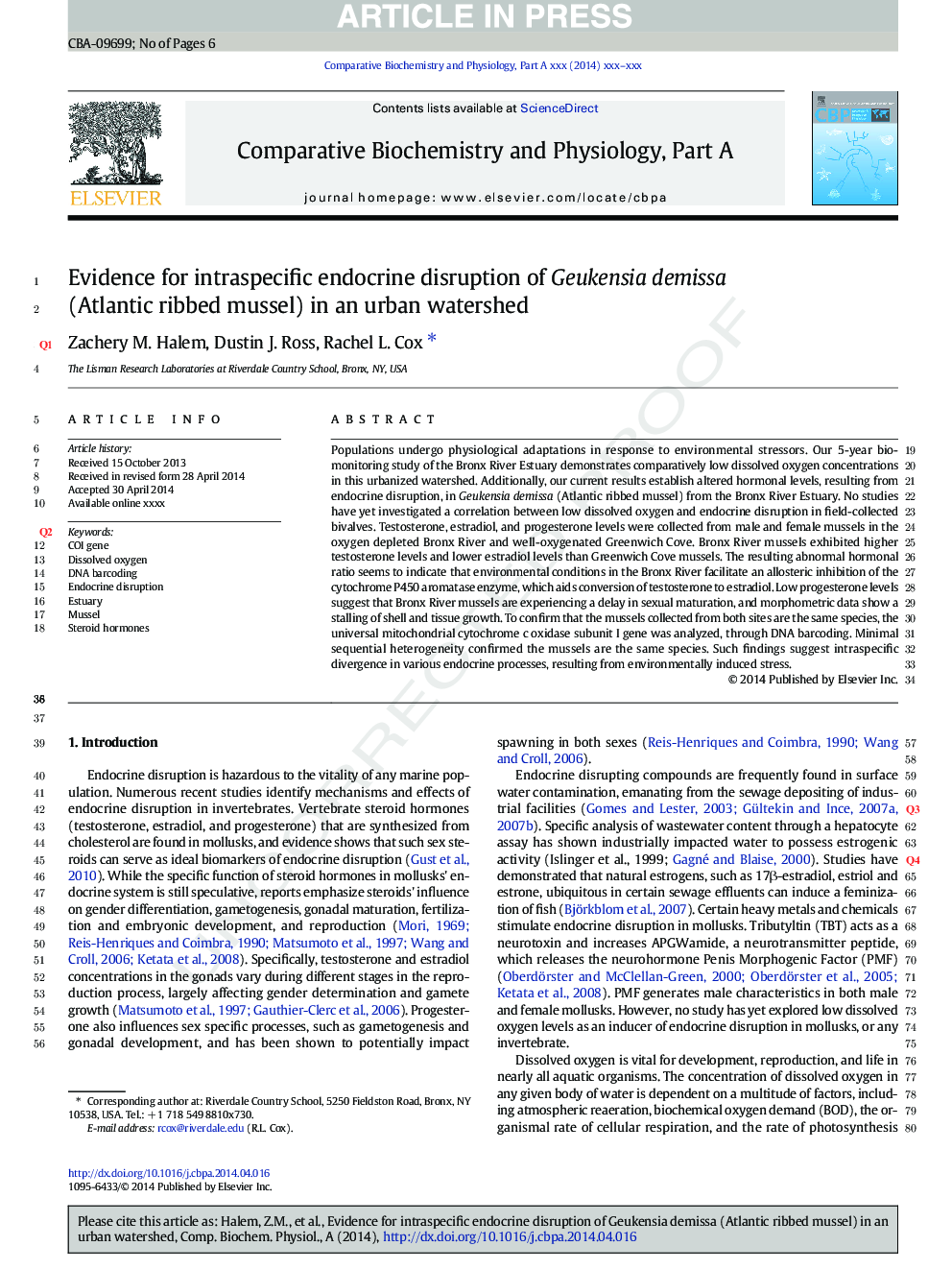 Evidence for intraspecific endocrine disruption of Geukensia demissa (Atlantic ribbed mussel) in an urban watershed