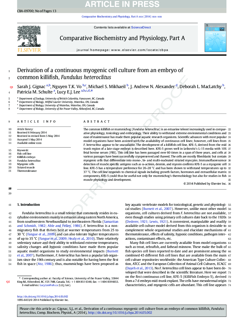 Derivation of a continuous myogenic cell culture from an embryo of common killifish, Fundulus heteroclitus