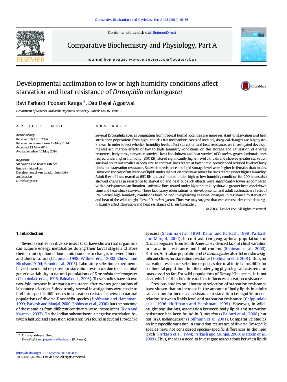 Developmental acclimation to low or high humidity conditions affect starvation and heat resistance of Drosophila melanogaster