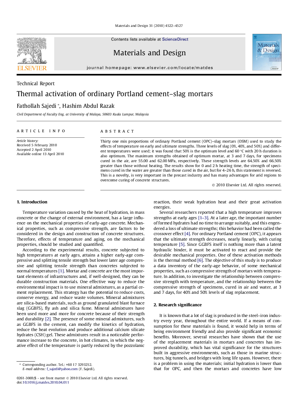 Thermal activation of ordinary Portland cement–slag mortars