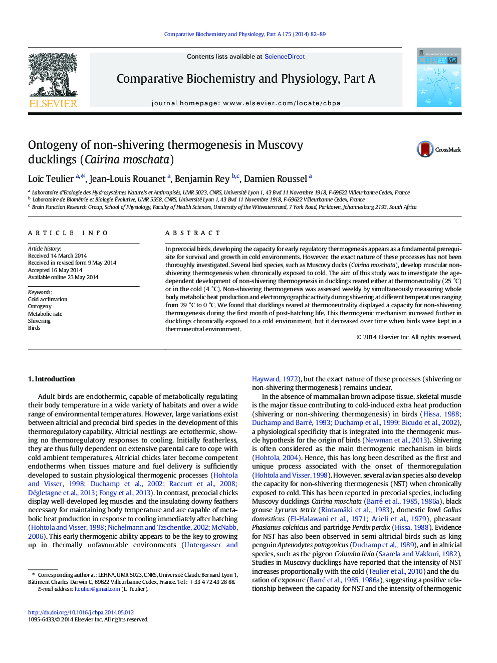 Ontogeny of non-shivering thermogenesis in Muscovy ducklings (Cairina moschata)