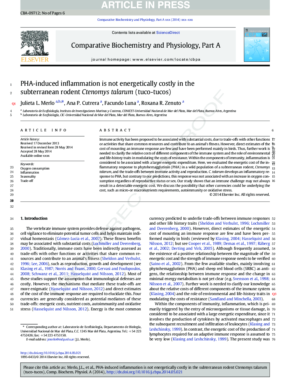 PHA-induced inflammation is not energetically costly in the subterranean rodent Ctenomys talarum (tuco-tucos)