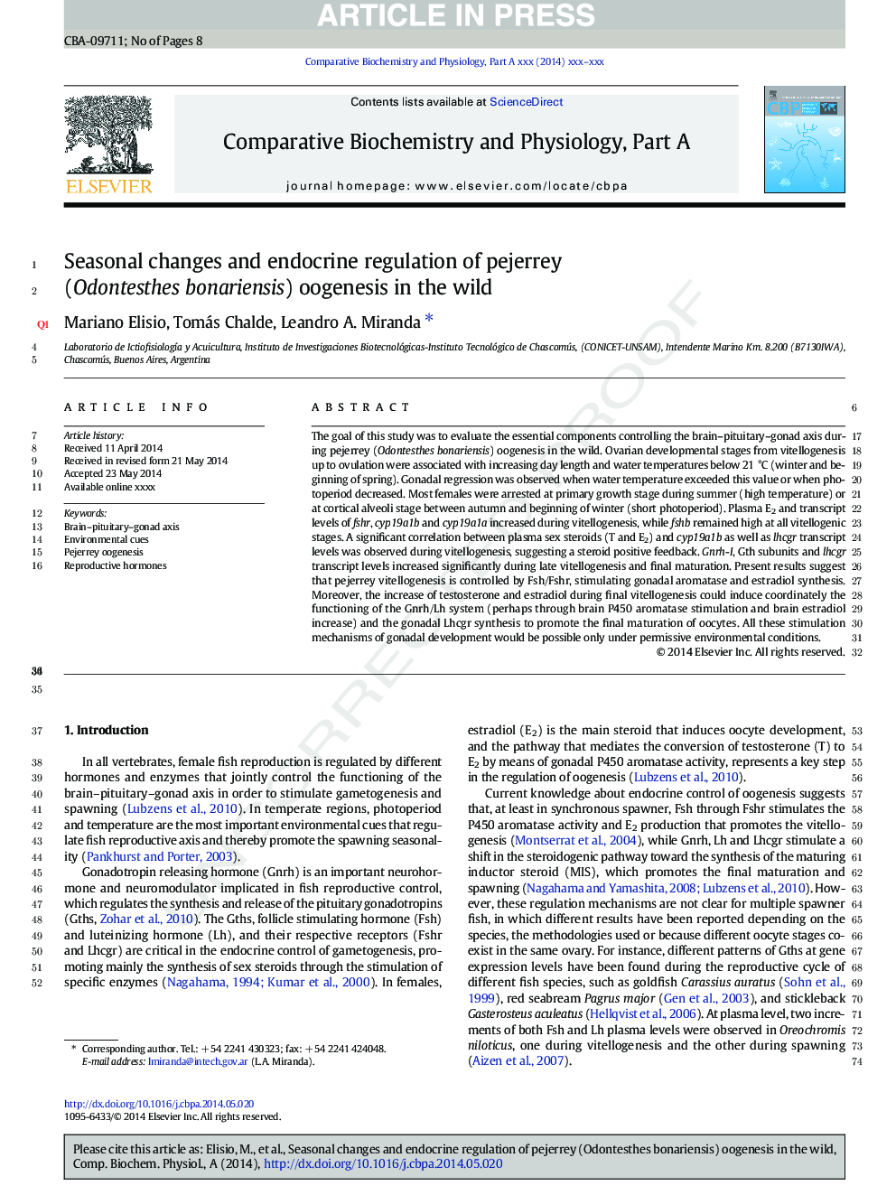 Seasonal changes and endocrine regulation of pejerrey (Odontesthes bonariensis) oogenesis in the wild