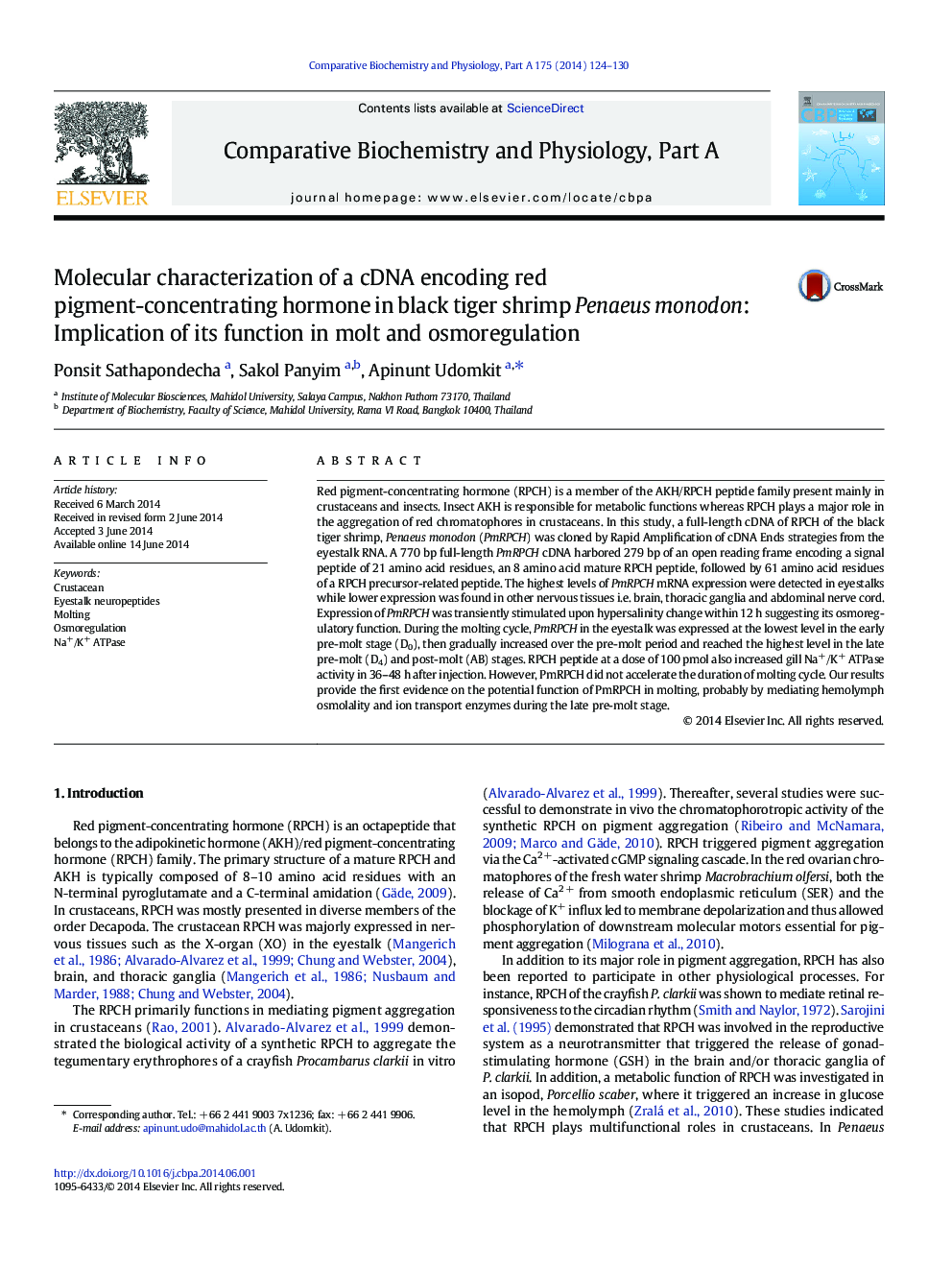 Molecular characterization of a cDNA encoding red pigment-concentrating hormone in black tiger shrimp Penaeus monodon: Implication of its function in molt and osmoregulation