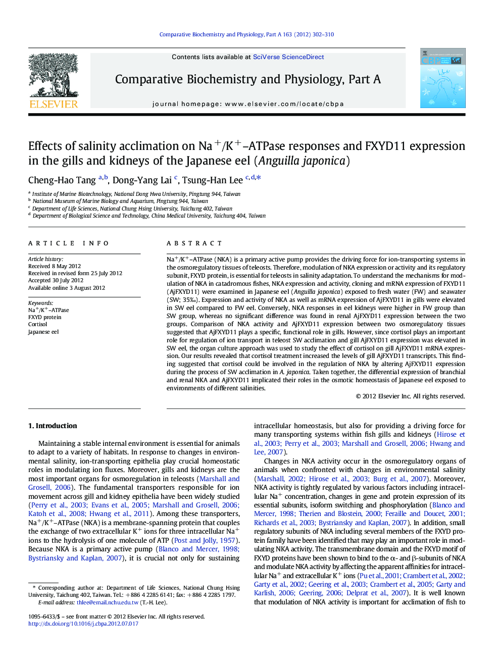 Effects of salinity acclimation on Na+/K+-ATPase responses and FXYD11 expression in the gills and kidneys of the Japanese eel (Anguilla japonica)