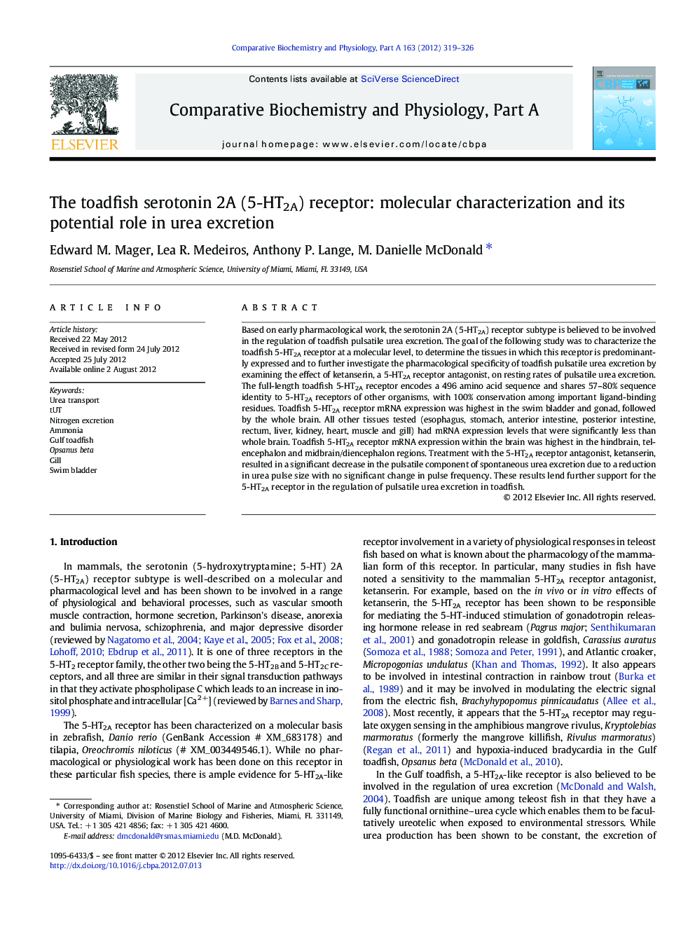 The toadfish serotonin 2A (5-HT2A) receptor: molecular characterization and its potential role in urea excretion