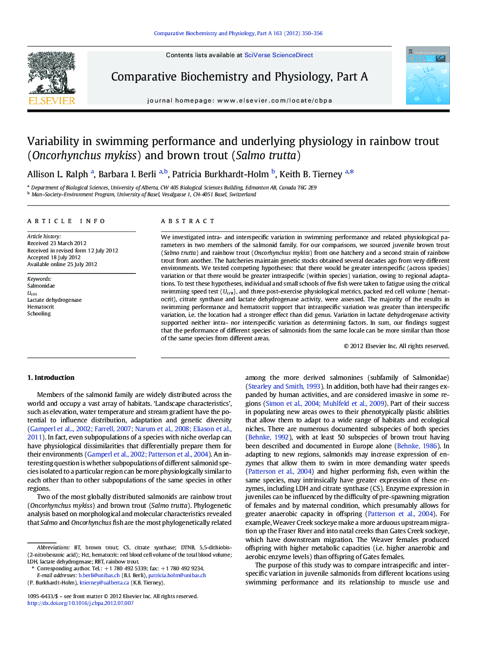 Variability in swimming performance and underlying physiology in rainbow trout (Oncorhynchus mykiss) and brown trout (Salmo trutta)