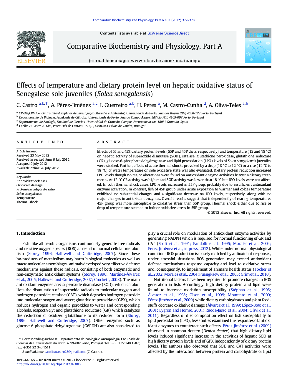 Effects of temperature and dietary protein level on hepatic oxidative status of Senegalese sole juveniles (Solea senegalensis)