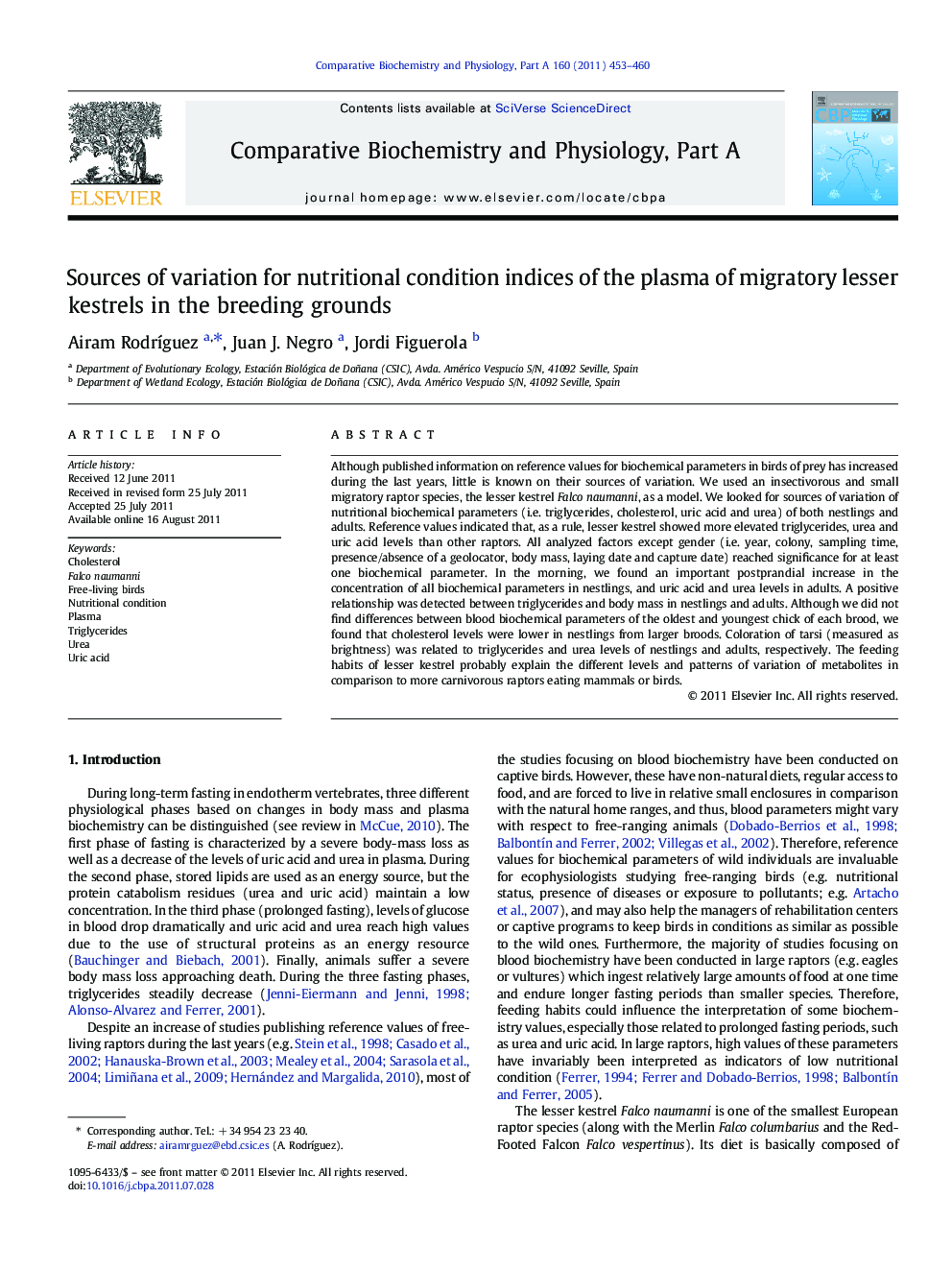 Sources of variation for nutritional condition indices of the plasma of migratory lesser kestrels in the breeding grounds