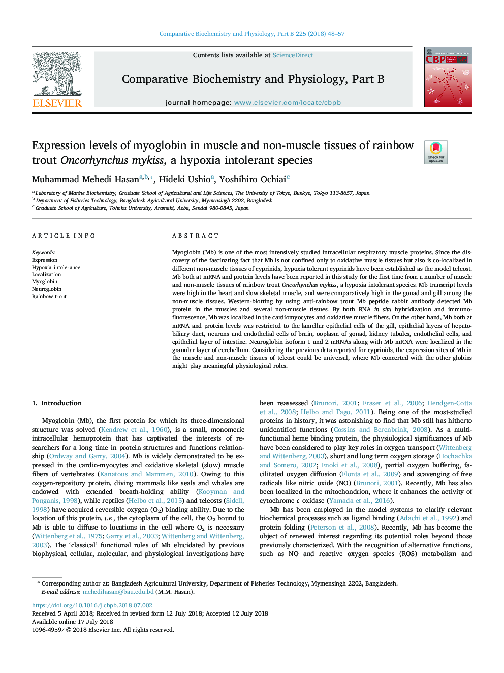 Expression levels of myoglobin in muscle and non-muscle tissues of rainbow trout Oncorhynchus mykiss, a hypoxia intolerant species