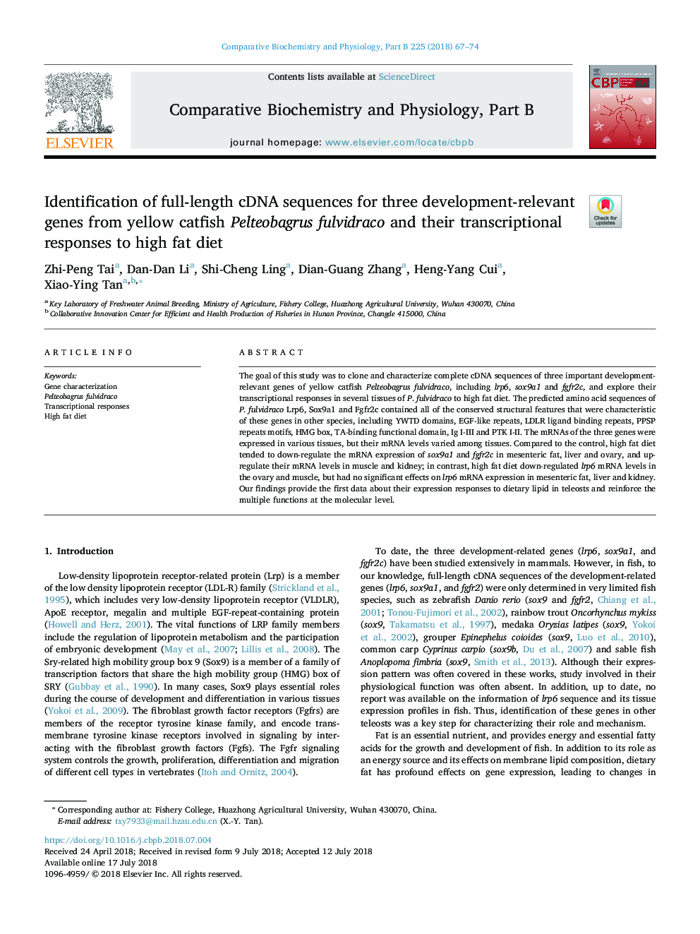 Identification of full-length cDNA sequences for three development-relevant genes from yellow catfish Pelteobagrus fulvidraco and their transcriptional responses to high fat diet