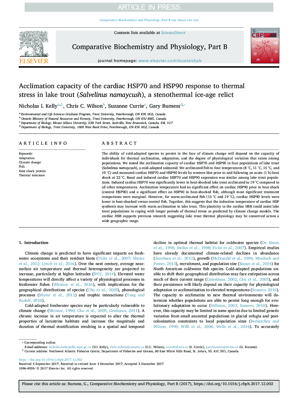 Acclimation capacity of the cardiac HSP70 and HSP90 response to thermal stress in lake trout (Salvelinus namaycush), a stenothermal ice-age relict