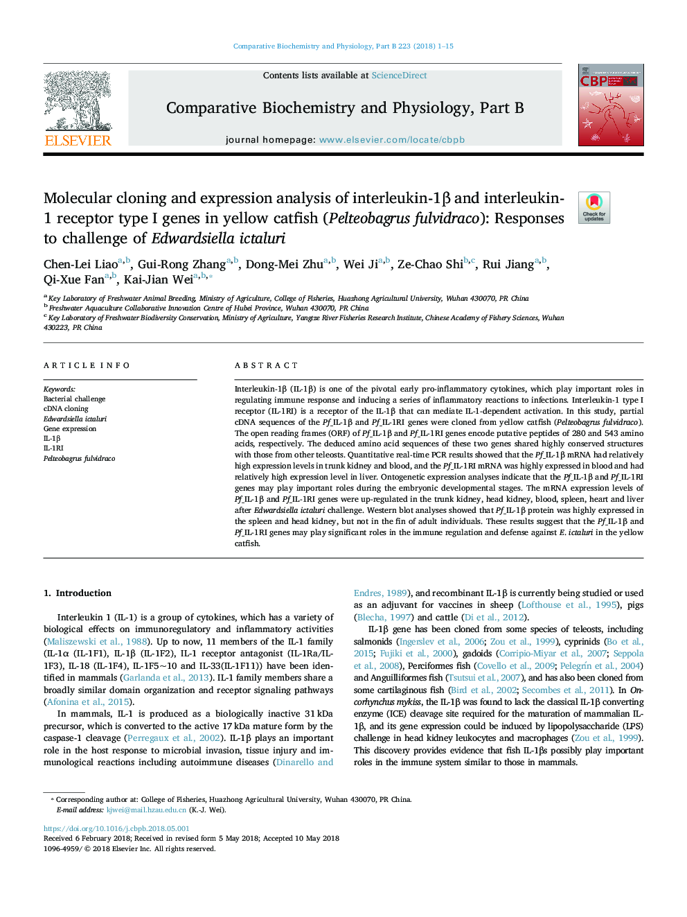 Molecular cloning and expression analysis of interleukin-1Î² and interleukin-1 receptor type I genes in yellow catfish (Pelteobagrus fulvidraco): Responses to challenge of Edwardsiella ictaluri