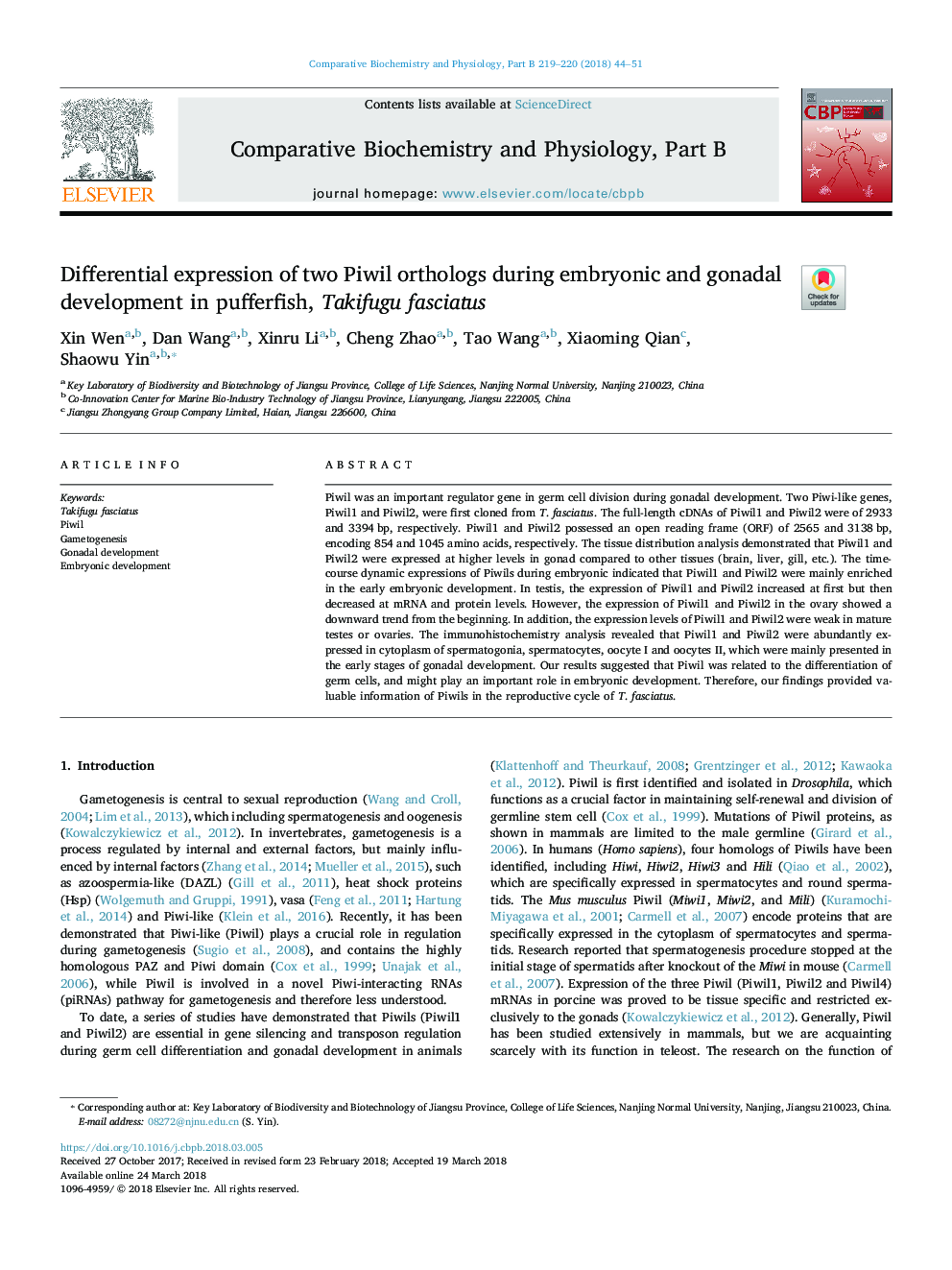 Differential expression of two Piwil orthologs during embryonic and gonadal development in pufferfish, Takifugu fasciatus