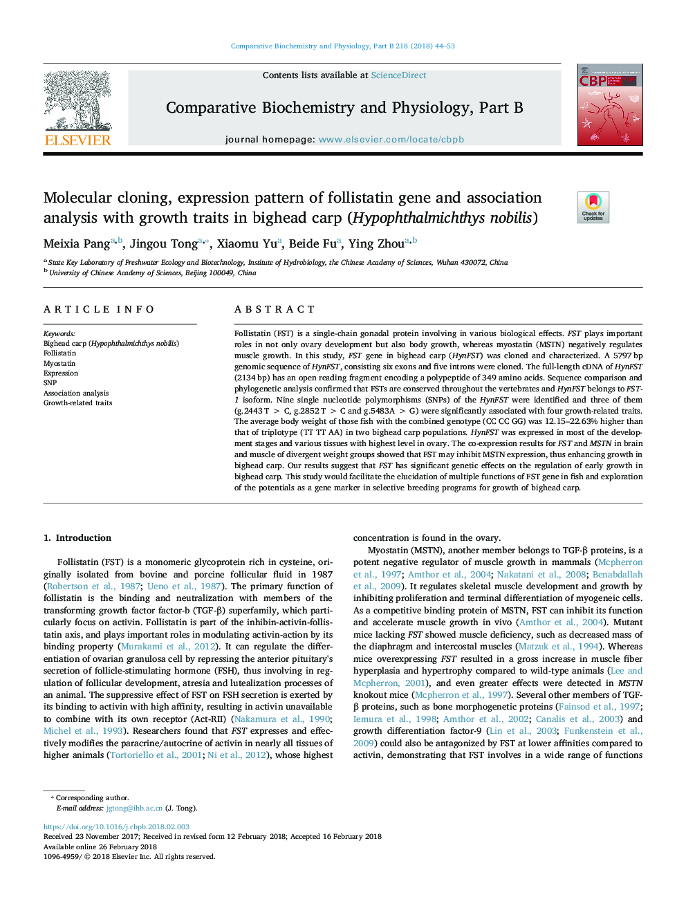 Molecular cloning, expression pattern of follistatin gene and association analysis with growth traits in bighead carp (Hypophthalmichthys nobilis)