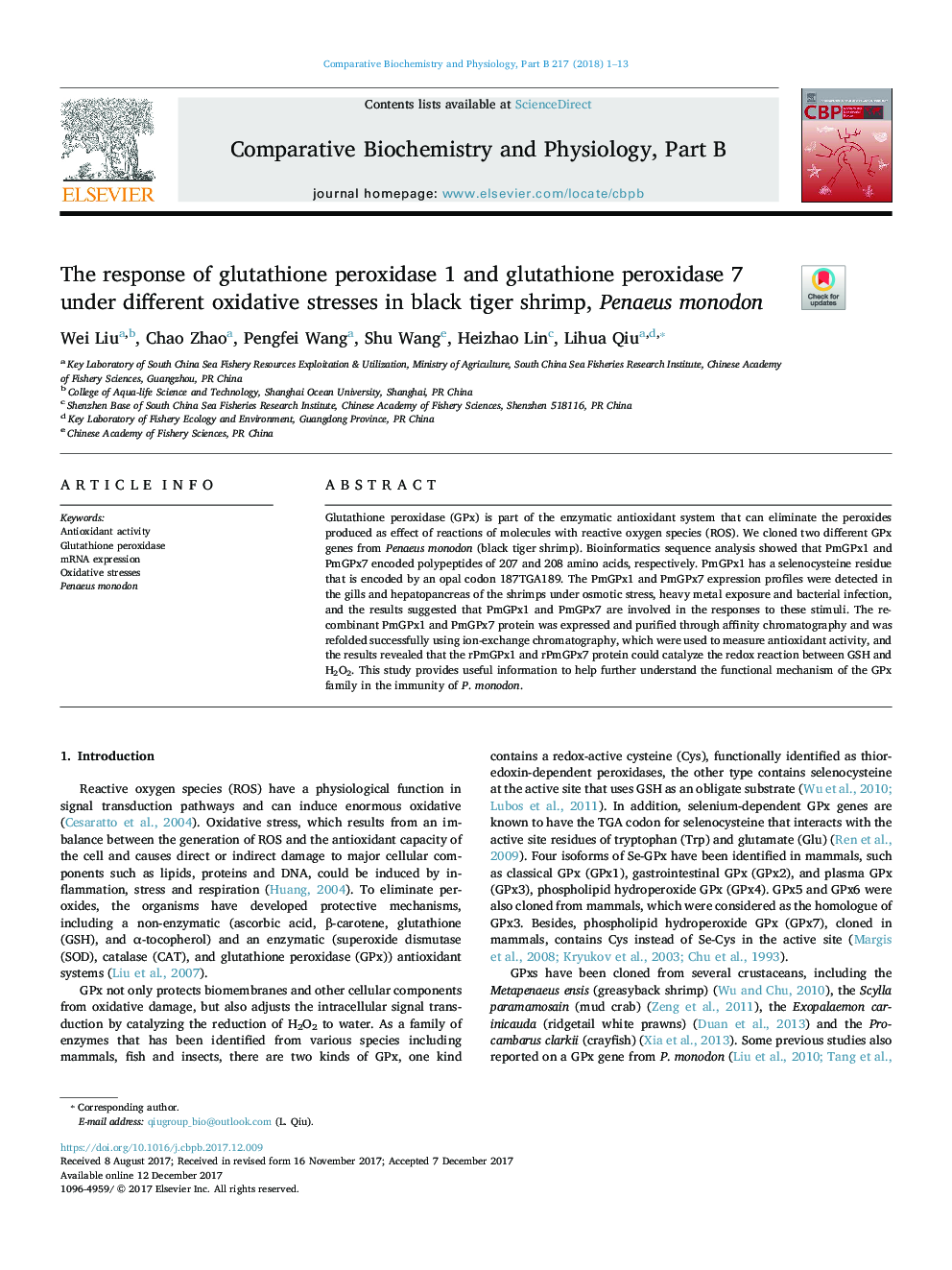 The response of glutathione peroxidase 1 and glutathione peroxidase 7 under different oxidative stresses in black tiger shrimp, Penaeus monodon