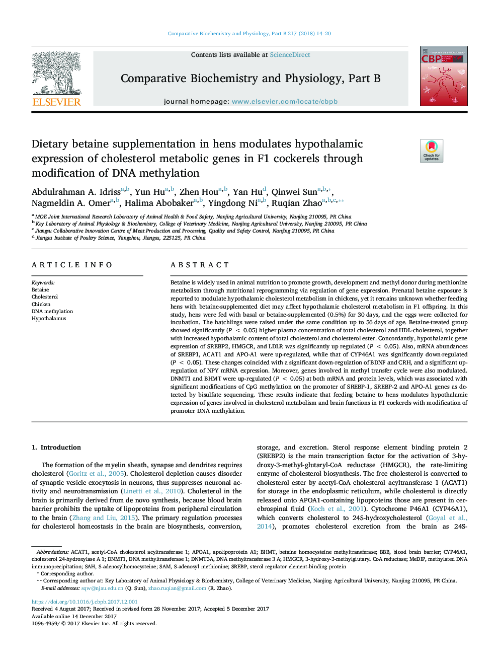 Dietary betaine supplementation in hens modulates hypothalamic expression of cholesterol metabolic genes in F1 cockerels through modification of DNA methylation