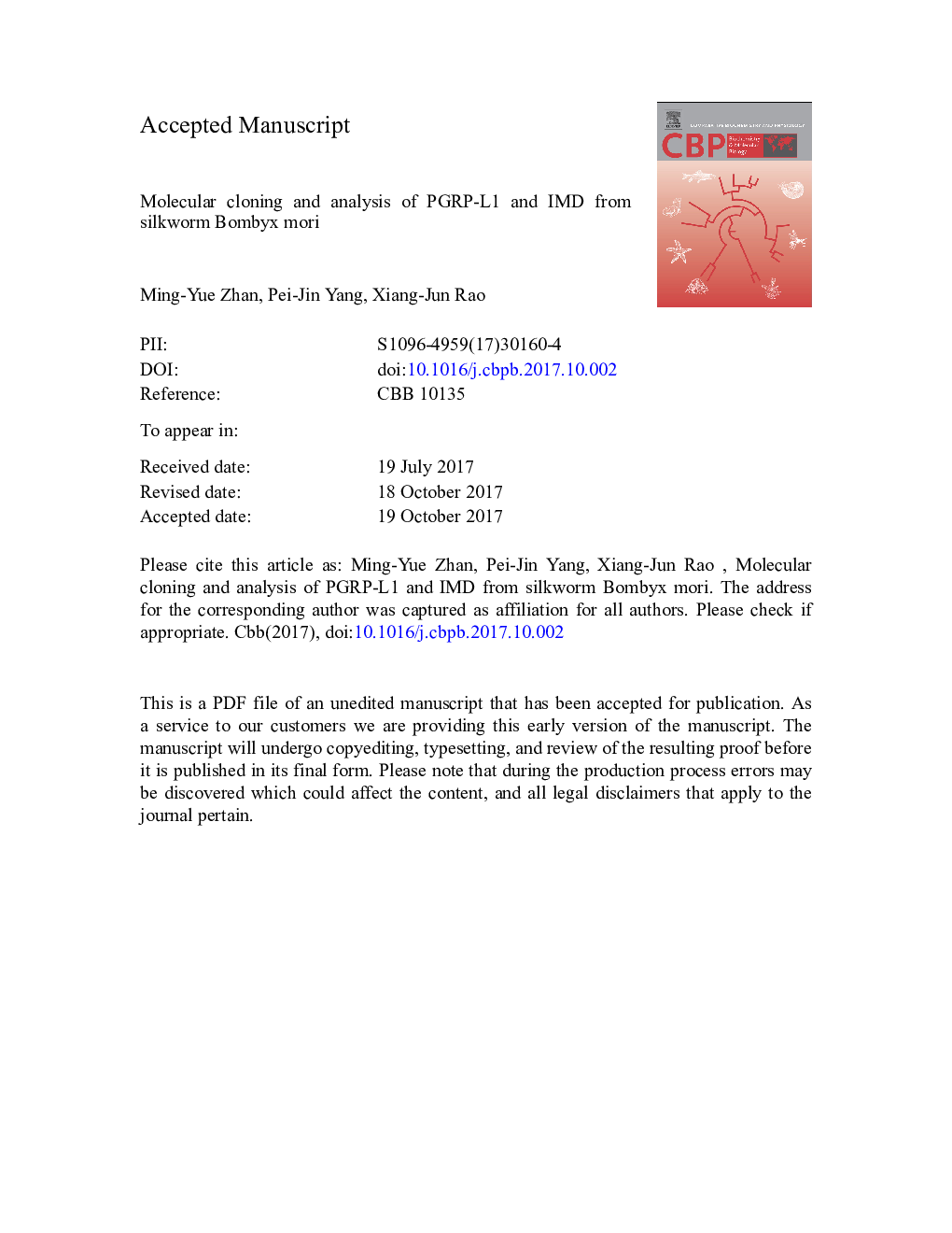 Molecular cloning and analysis of PGRP-L1 and IMD from silkworm Bombyx mori