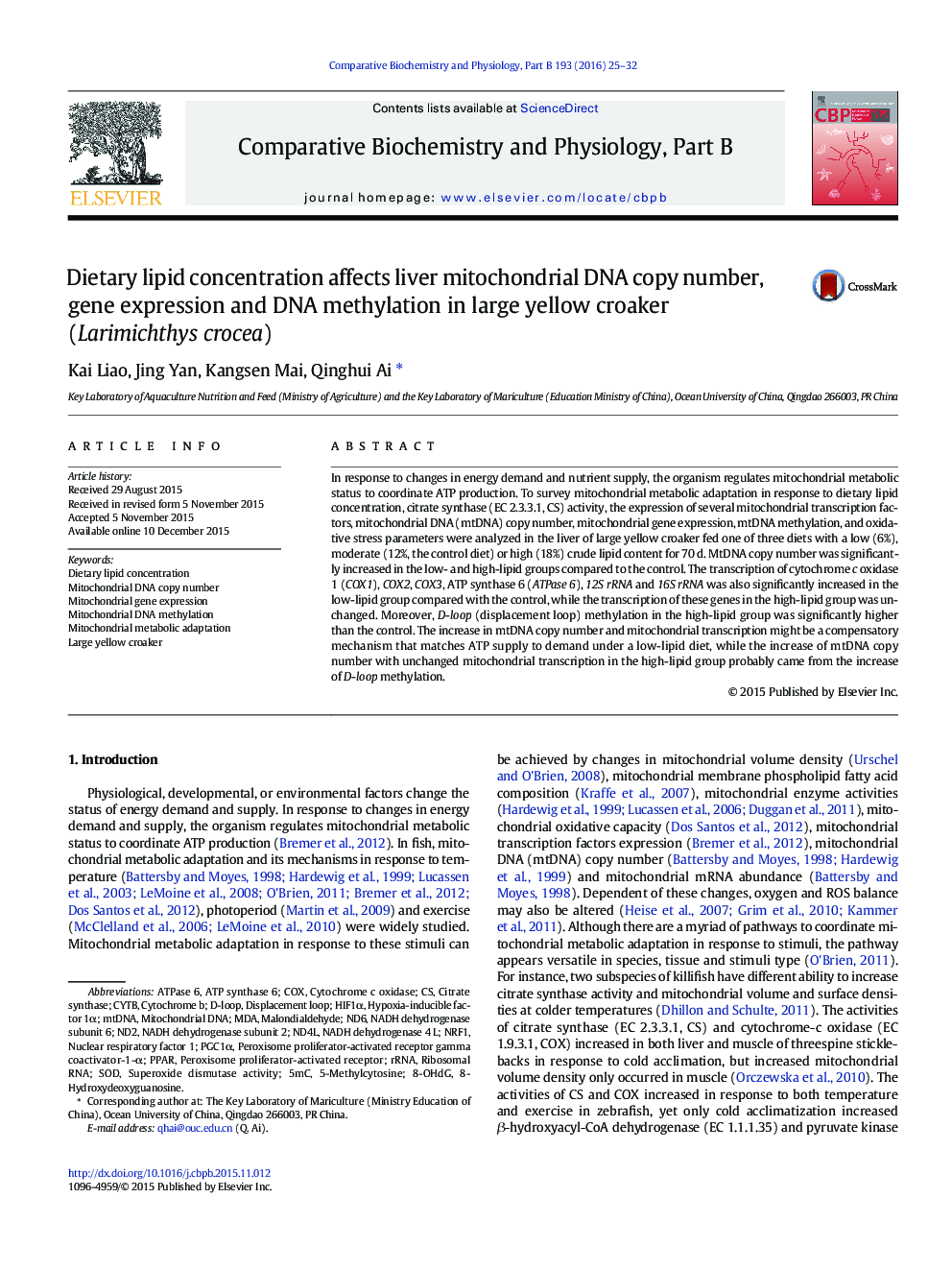 Dietary lipid concentration affects liver mitochondrial DNA copy number, gene expression and DNA methylation in large yellow croaker (Larimichthys crocea)