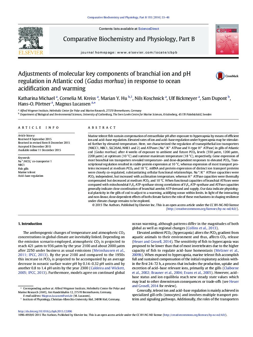 Adjustments of molecular key components of branchial ion and pH regulation in Atlantic cod (Gadus morhua) in response to ocean acidification and warming