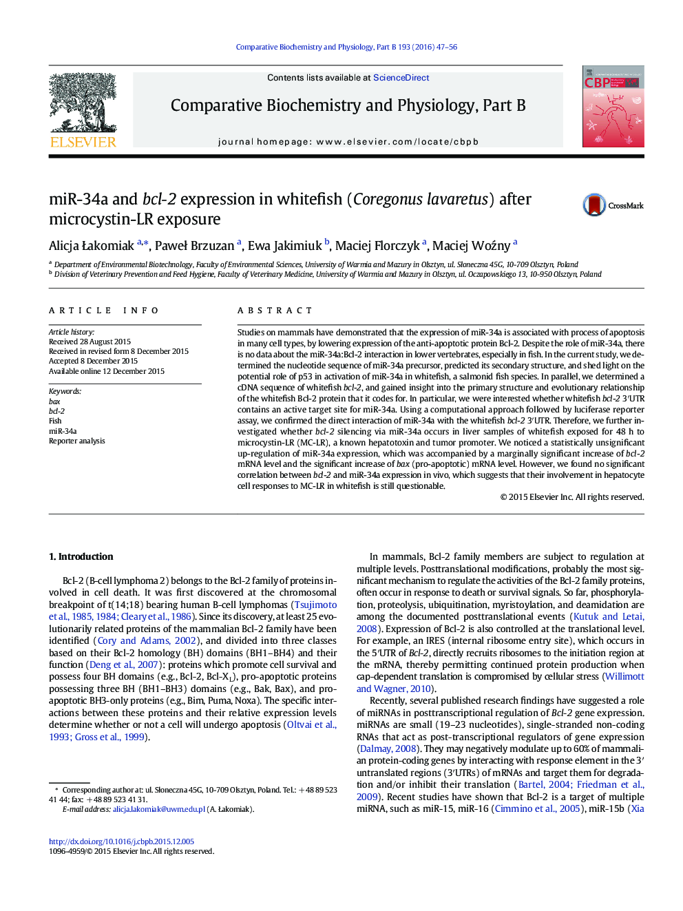 miR-34a and bcl-2 expression in whitefish (Coregonus lavaretus) after microcystin-LR exposure