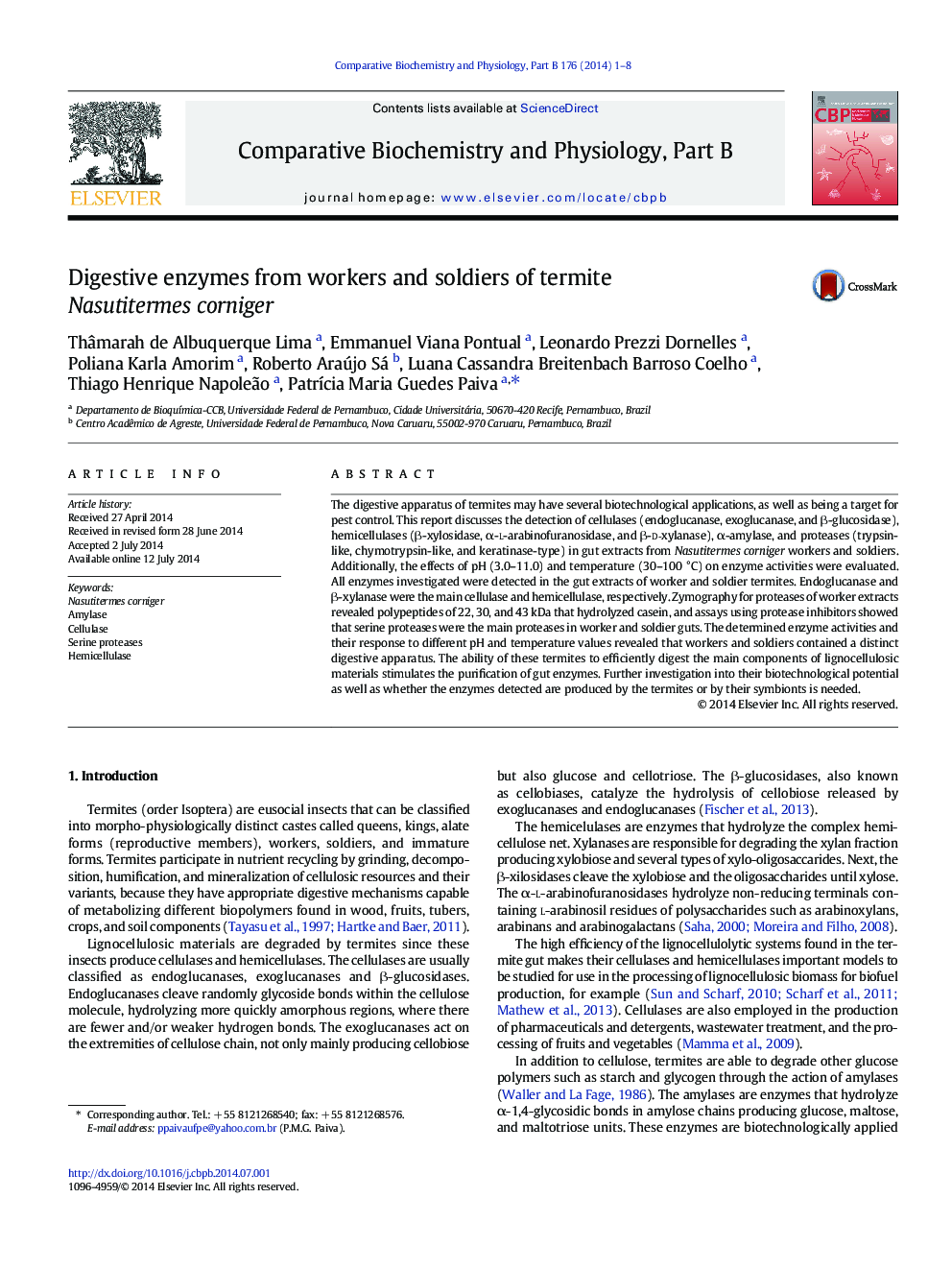 Digestive enzymes from workers and soldiers of termite Nasutitermes corniger