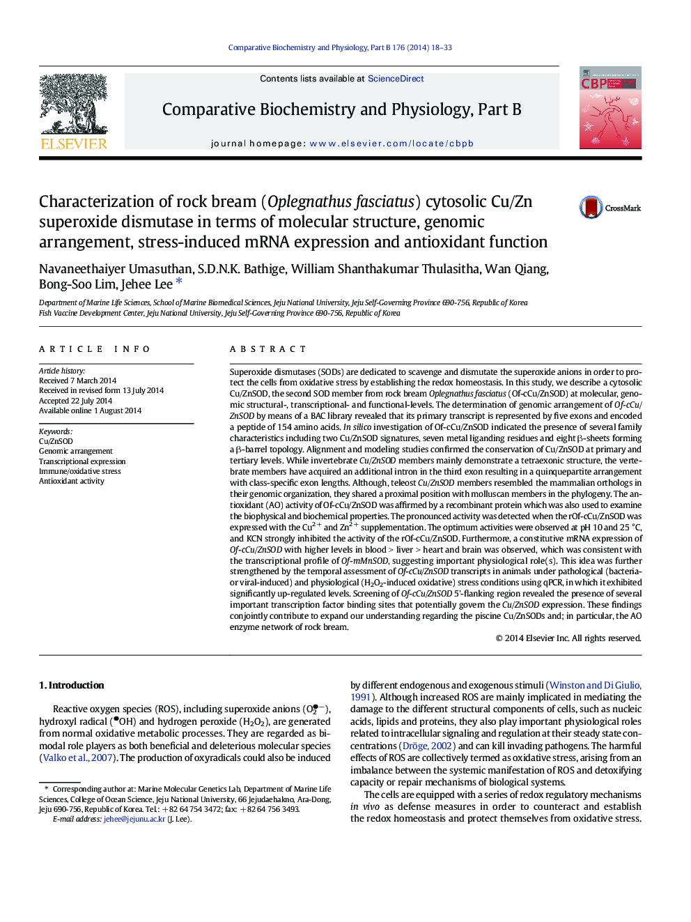 Characterization of rock bream (Oplegnathus fasciatus) cytosolic Cu/Zn superoxide dismutase in terms of molecular structure, genomic arrangement, stress-induced mRNA expression and antioxidant function