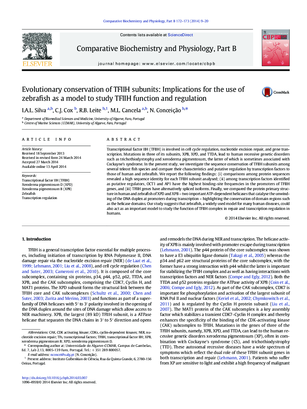 Evolutionary conservation of TFIIH subunits: Implications for the use of zebrafish as a model to study TFIIH function and regulation