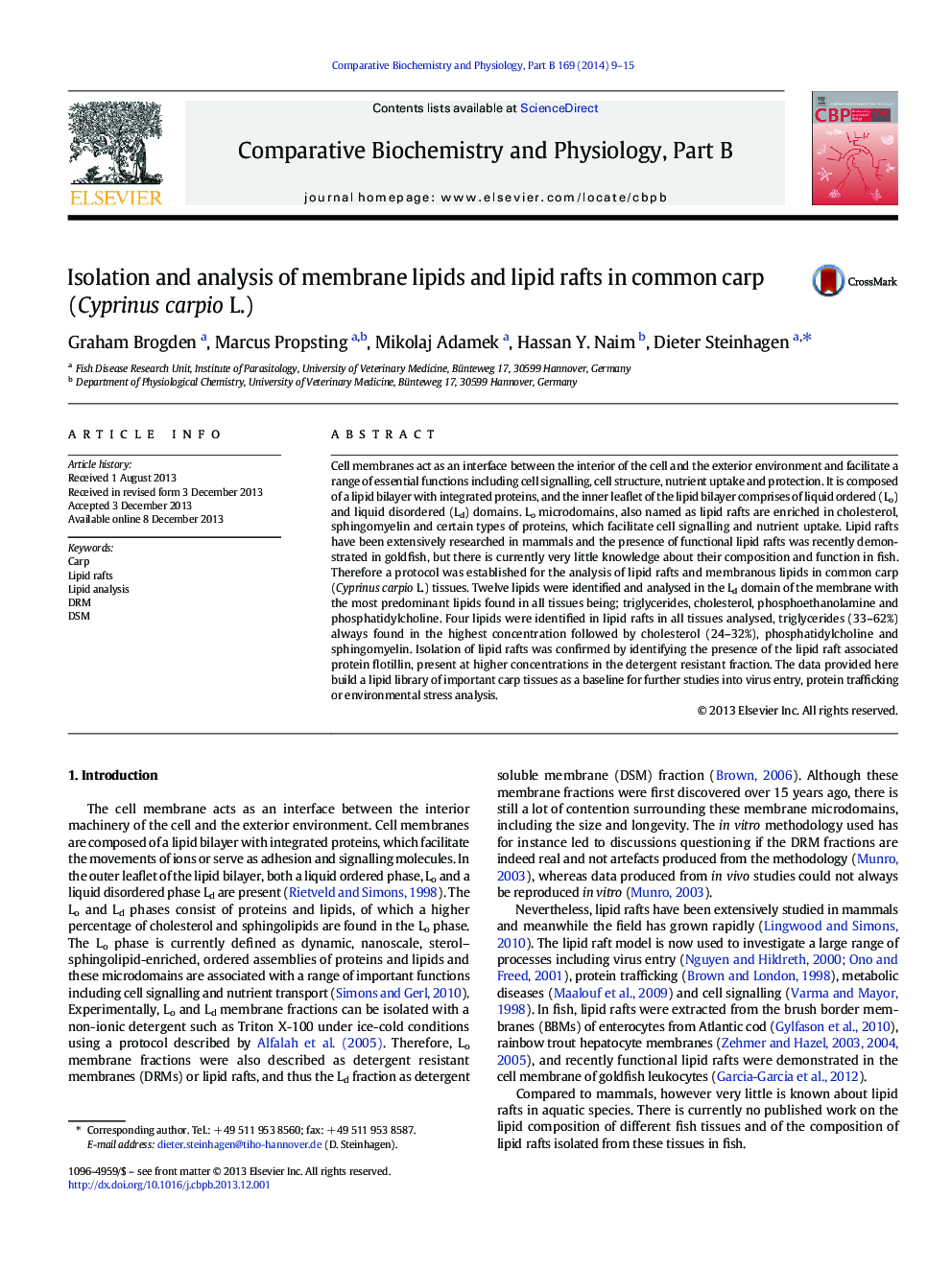 Isolation and analysis of membrane lipids and lipid rafts in common carp (Cyprinus carpio L.)