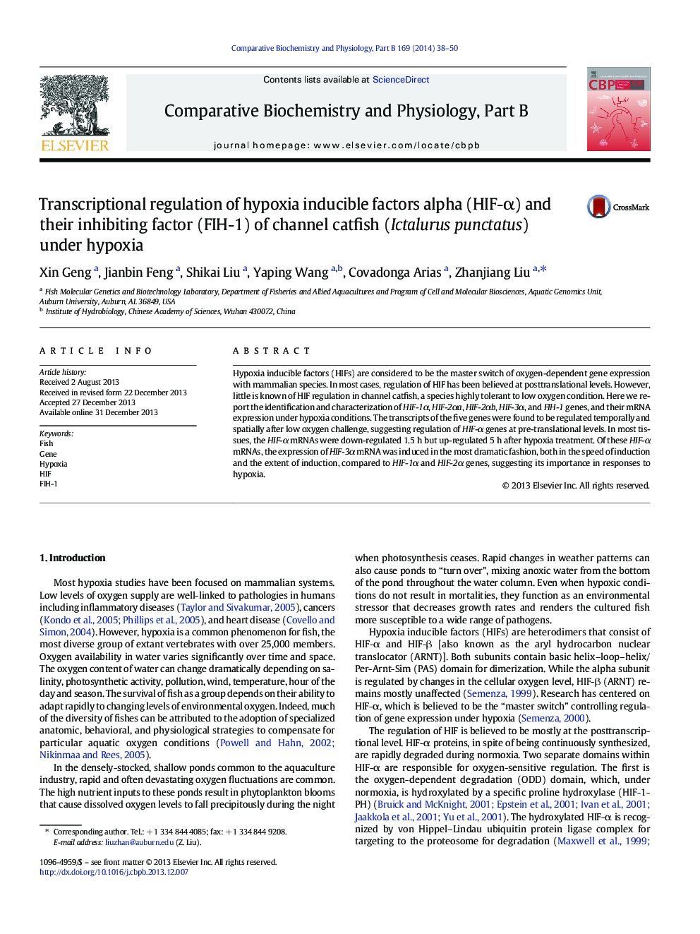 Transcriptional regulation of hypoxia inducible factors alpha (HIF-Î±) and their inhibiting factor (FIH-1) of channel catfish (Ictalurus punctatus) under hypoxia