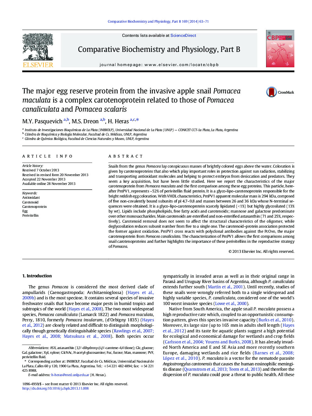 The major egg reserve protein from the invasive apple snail Pomacea maculata is a complex carotenoprotein related to those of Pomacea canaliculata and Pomacea scalaris