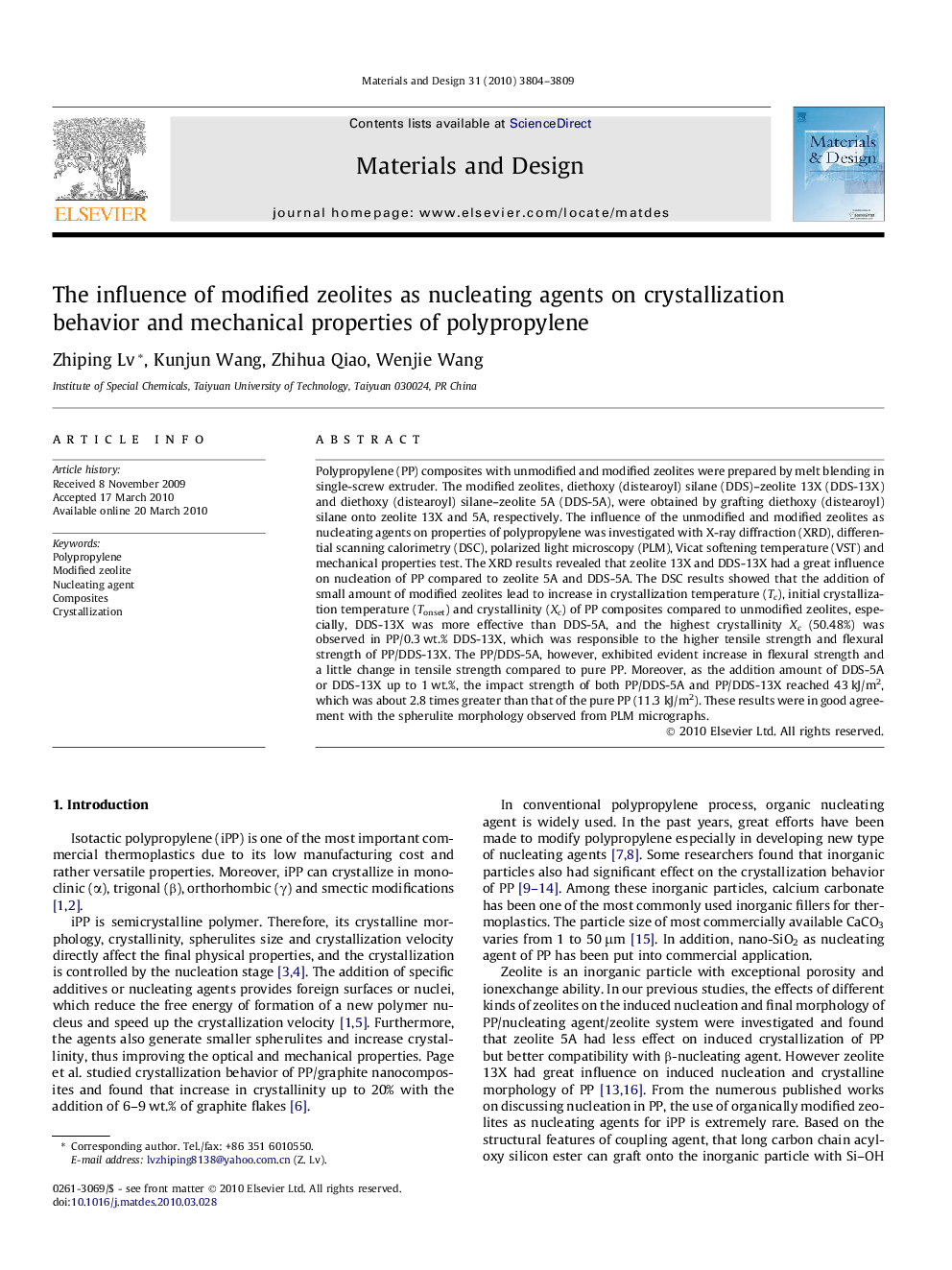 The influence of modified zeolites as nucleating agents on crystallization behavior and mechanical properties of polypropylene