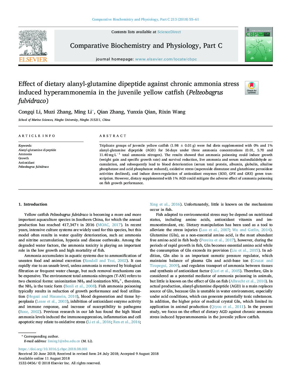 Effect of dietary alanyl-glutamine dipeptide against chronic ammonia stress induced hyperammonemia in the juvenile yellow catfish (Pelteobagrus fulvidraco)