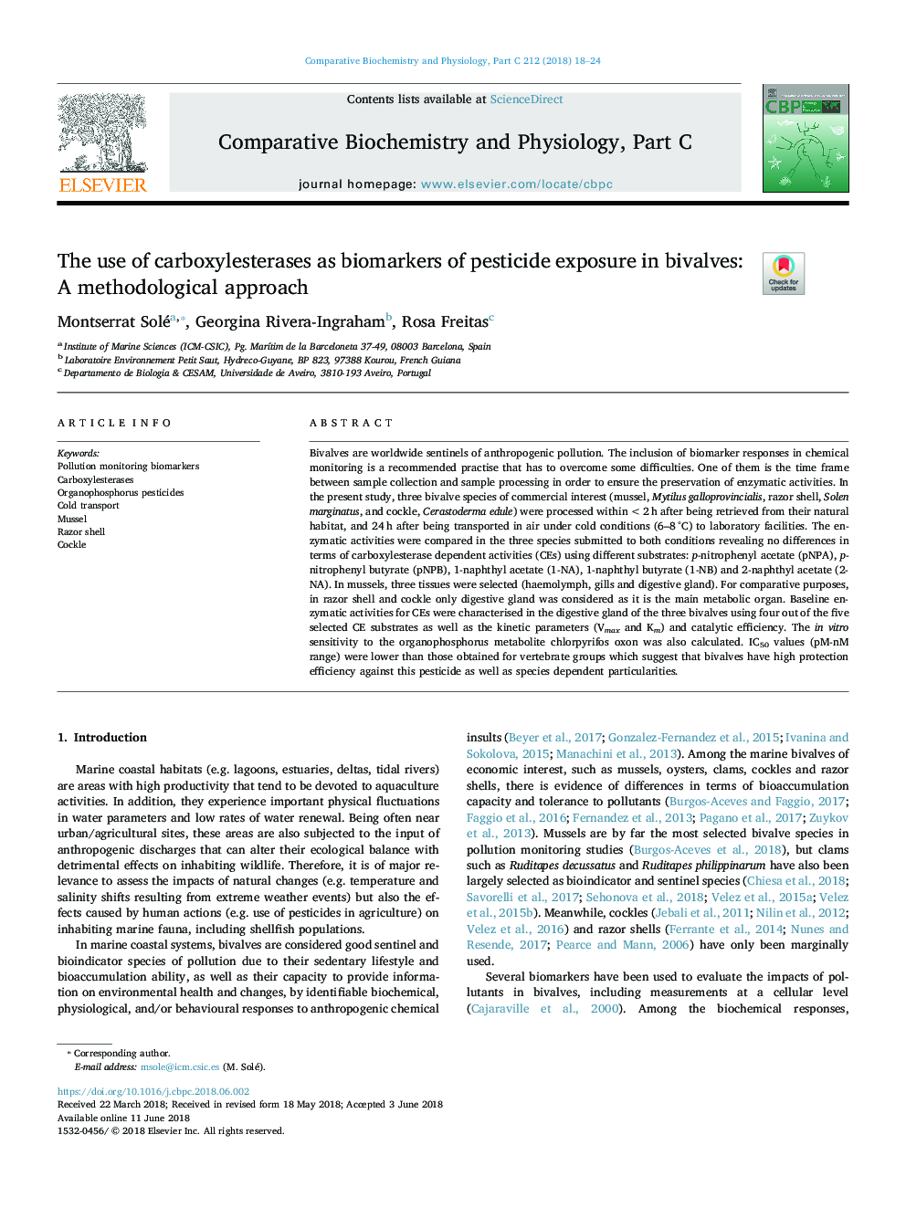 The use of carboxylesterases as biomarkers of pesticide exposure in bivalves: A methodological approach