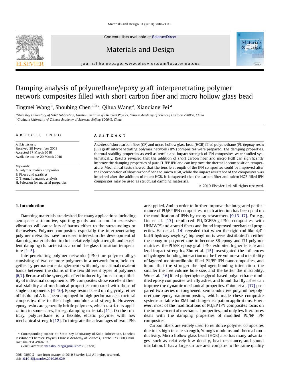 Damping analysis of polyurethane/epoxy graft interpenetrating polymer network composites filled with short carbon fiber and micro hollow glass bead