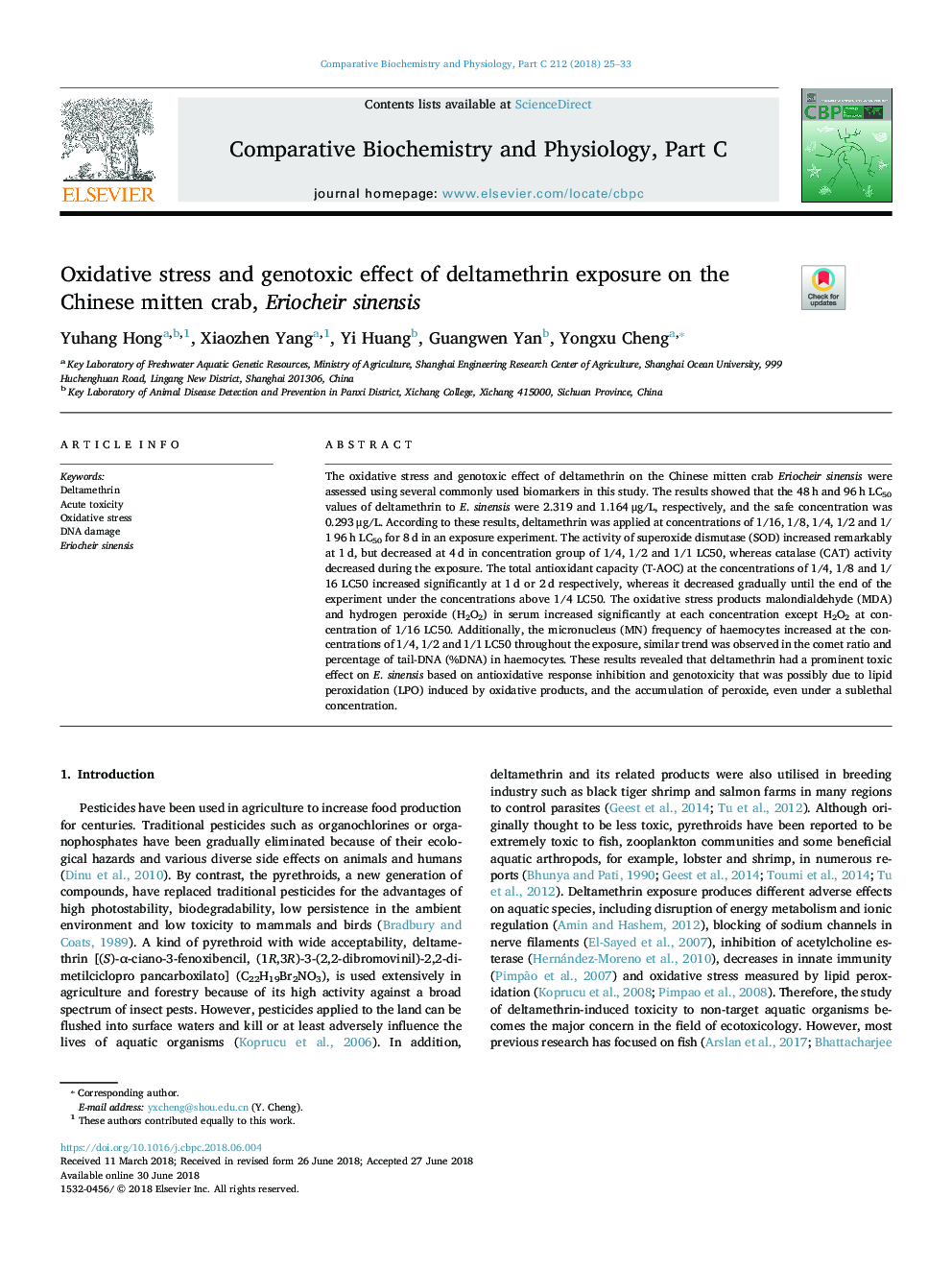 Oxidative stress and genotoxic effect of deltamethrin exposure on the Chinese mitten crab, Eriocheir sinensis