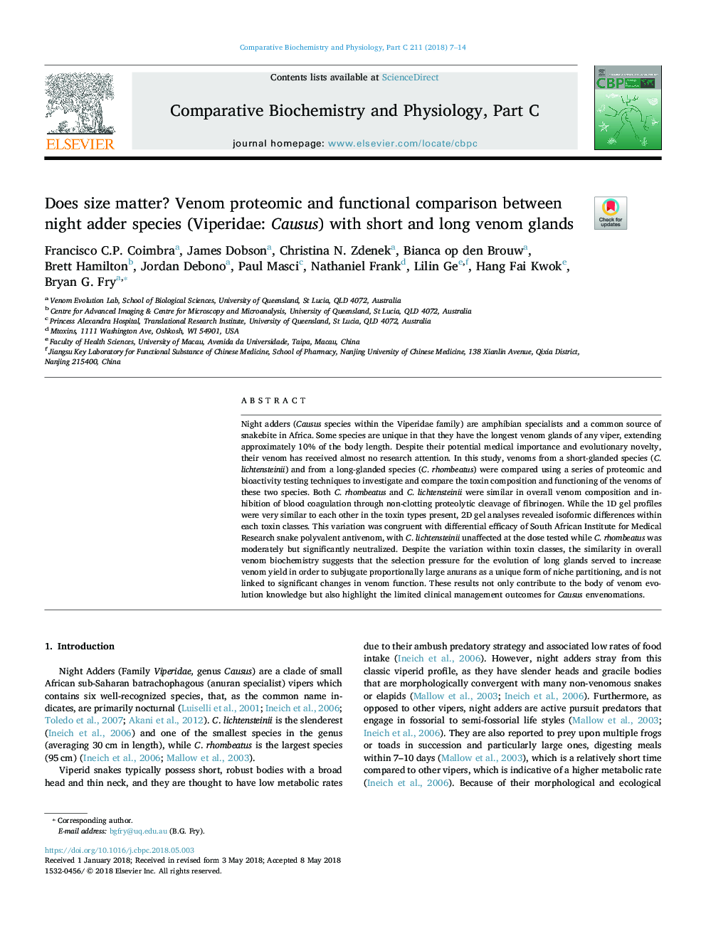 Does size matter? Venom proteomic and functional comparison between night adder species (Viperidae: Causus) with short and long venom glands