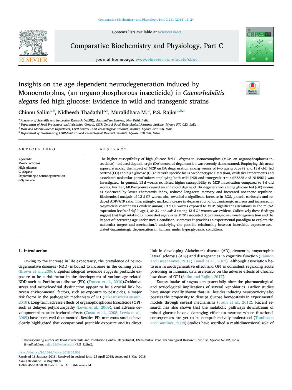 Insights on the age dependent neurodegeneration induced by Monocrotophos, (an organophosphorous insecticide) in Caenorhabditis elegans fed high glucose: Evidence in wild and transgenic strains