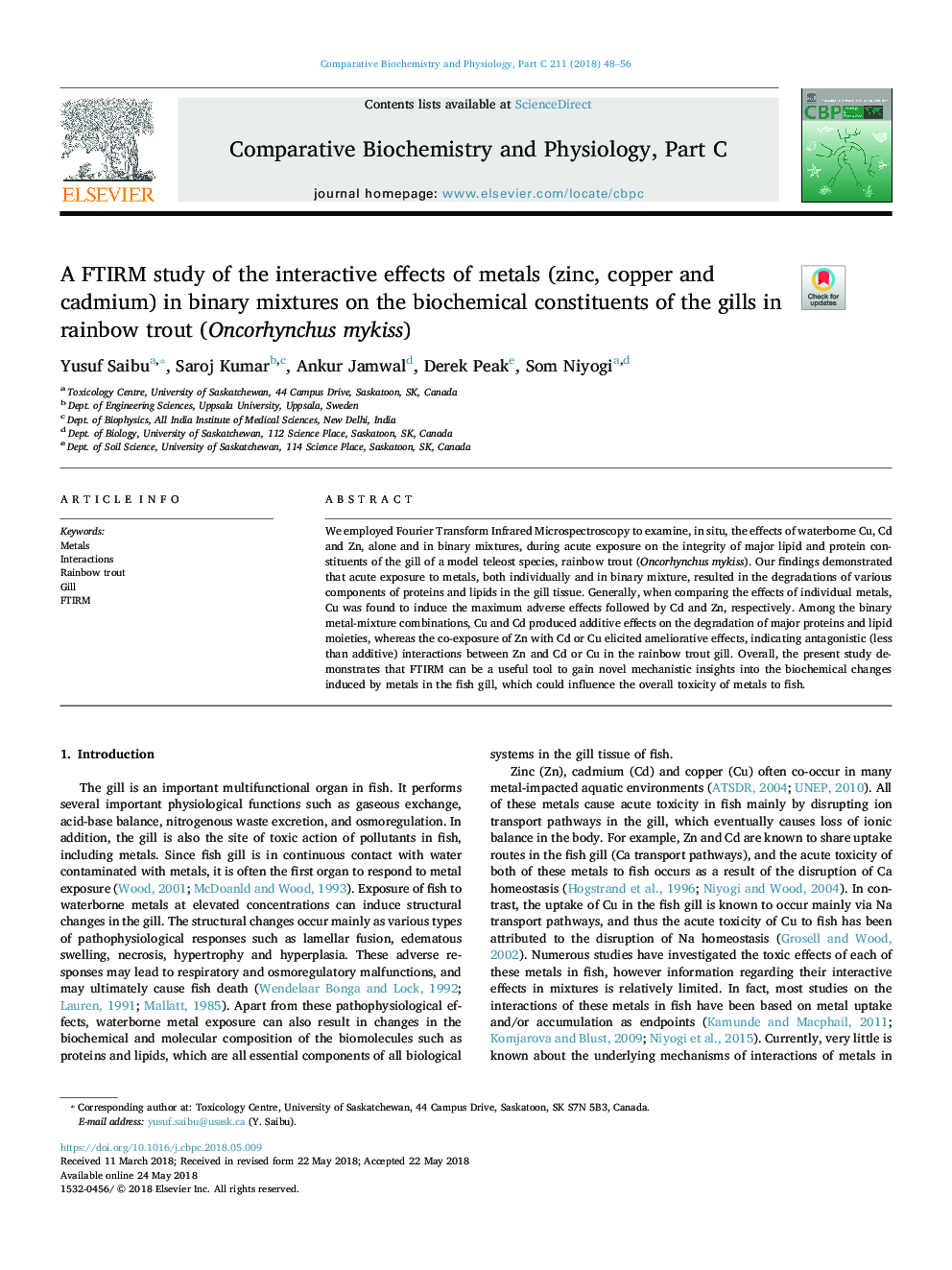 A FTIRM study of the interactive effects of metals (zinc, copper and cadmium) in binary mixtures on the biochemical constituents of the gills in rainbow trout (Oncorhynchus mykiss)