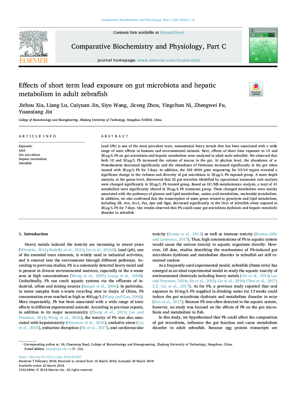 Effects of short term lead exposure on gut microbiota and hepatic metabolism in adult zebrafish