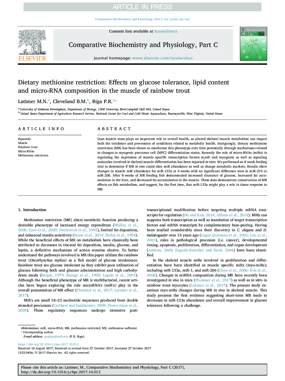 Dietary methionine restriction: Effects on glucose tolerance, lipid content and micro-RNA composition in the muscle of rainbow trout