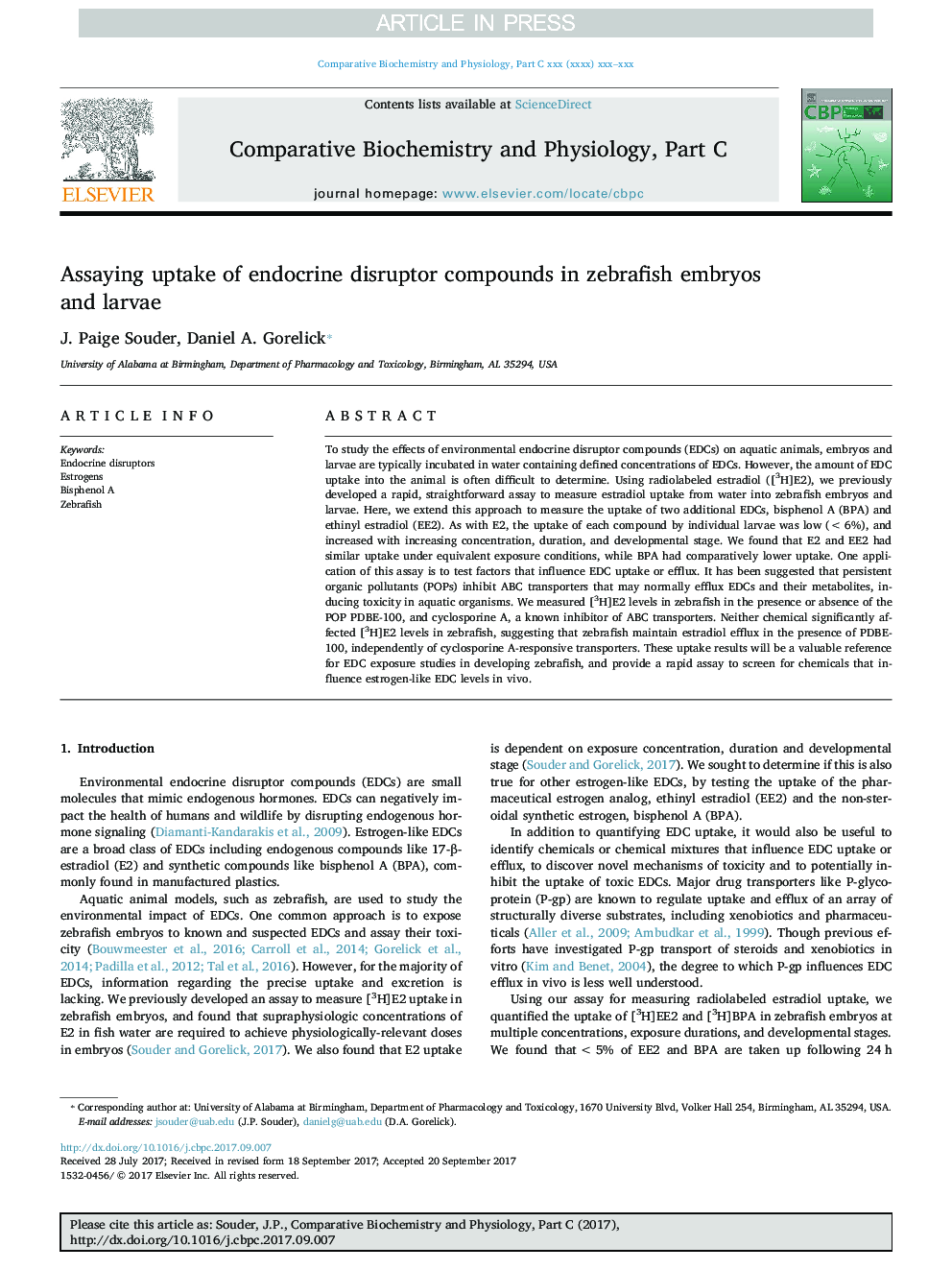 Assaying uptake of endocrine disruptor compounds in zebrafish embryos and larvae